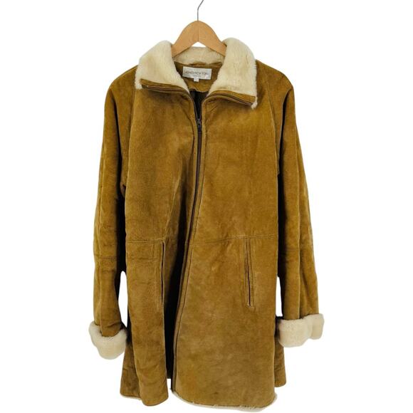 VTG Jones New York Shearling Trim Suede Coat Camel Tan Zip Front Size L Large - Picture 1 of 14